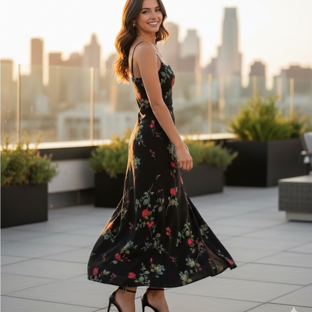 Rachel Kate Black and Red Floral Maxi Dress